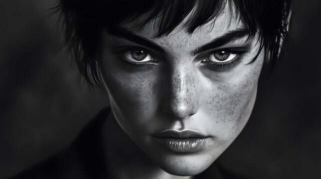 Fototapeta A close-up black and white portrait of a young woman