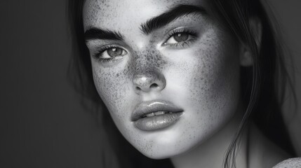 A close-up black and white portrait of a young woman