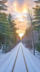 Snowy railway tracks through a serene winter forest