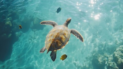 Obraz premium Sea turtle swimming in clear ocean water near coral reef with small fish.