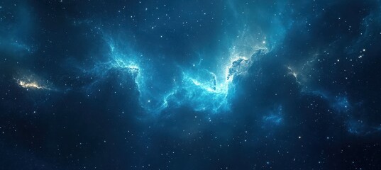 Starry night sky with radiant light rays on blue  blurred background