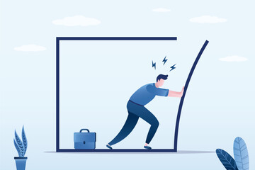 Going beyond limits. Confident business man pushing to break boundary box. Businessman get out of comfort zone for freedom. Overcoming obstacles and achieving goals.