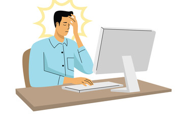 Vector illustration of a man holding his head in pain while working on a computer, symbolizing tension and mental fatigue
