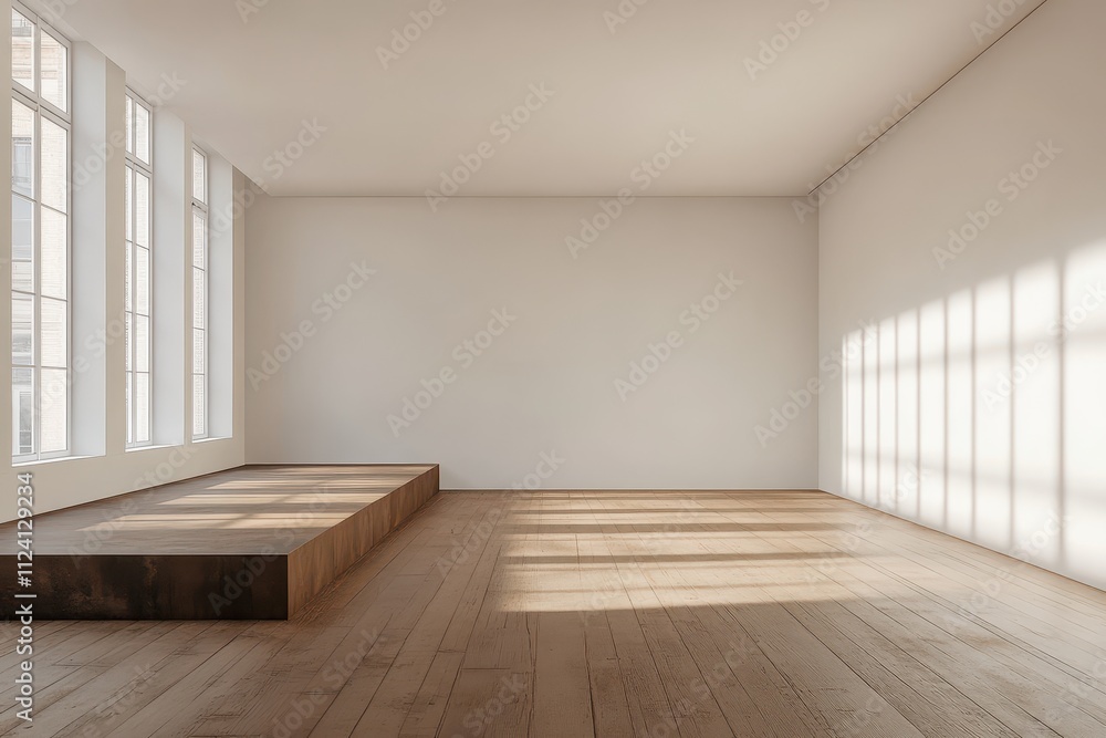 Poster minimalist empty room with wooden platform. perfect for showcasing products or design concepts.