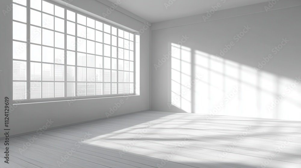 Poster empty white room with large window, sunlight streams in. perfect for minimalist design, product disp