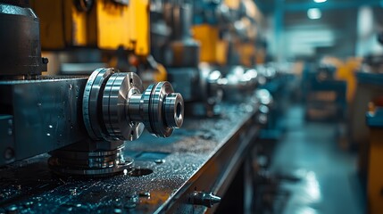 Fototapeta premium Close-up of precision machinery in a factory setting with metallic surfaces and tools.