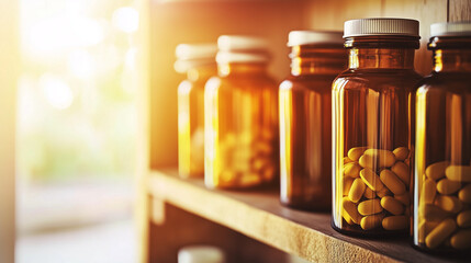 Medicine bottles neatly arranged on a wooden shelf, symbolizing the importance of organization and care in healthcare management.