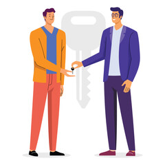 Vector illustration of two men exchanging a key with a large key icon in the background, representing trust, partnership, and agreements.