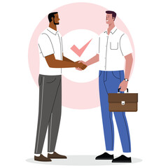 Vector illustration of two businessmen shaking hands with a checkmark in the background, representing success, trust, and partnership.