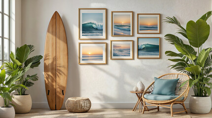 beach-inspired background with a laid-back surfer aesthetic. The design should include a wooden surfboard leaning against a whitewashed wall and a gallery of framed prints featuring ocean waves .
