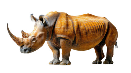 Obraz premium A large rhino isolated on a white background, showcasing its horn and massive size, representing a wild, endangered species