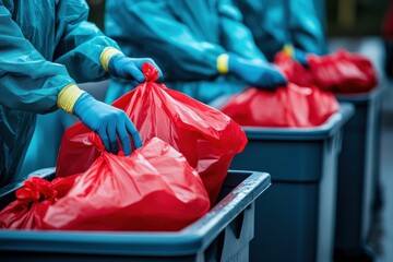 Medical workers in PPE dispose of red biohazard bags into bins. Image depicts safe waste disposal procedures in a hospital or medical setting.