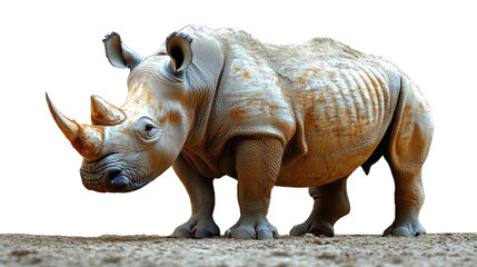 Fototapeta premium A large rhino isolated on a white background, showcasing its horn and massive size, representing a wild, endangered species