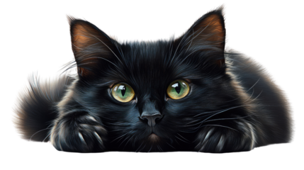 A sleek black cat with green eyes, laying down gracefully on a white background, with its tail wrapped around its paws.