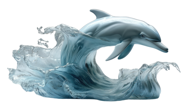 Dolphin jumping in and out of water with a blue ocean background, showcasing its fins and playful nature in a vibrant aquatic scene