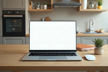 Open laptop with blank screen on a wooden desk in a kitchen room home office