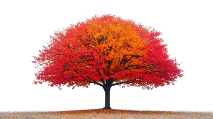 Autumn tree with red and orange leaves in a park surrounded by grass and a clear sky