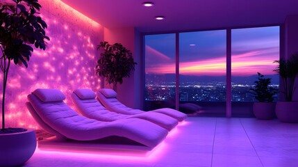 Serene spa setting with three lounge chairs under soft purple lights.