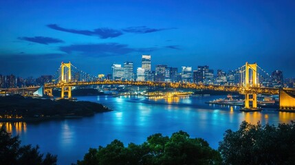 Fototapeta premium Night cityscape with illuminated bridge and skyscrapers.