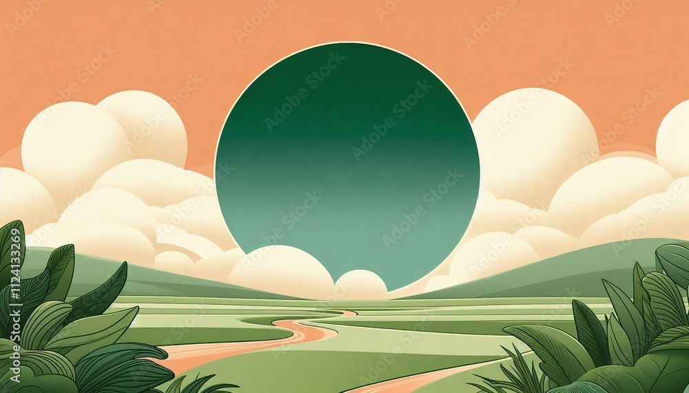Poster a simple background with an open, jade green circle shape in the middle. around the circle is a simp