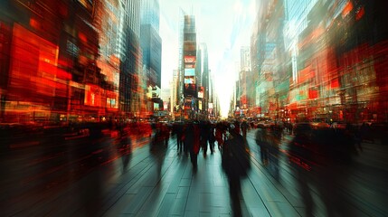 Fototapeta premium Vibrant urban scene with blurred figures in a bustling cityscape.