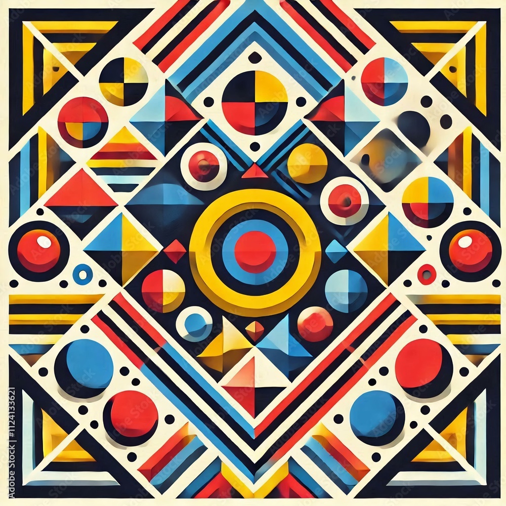 Fototapete a vibrant geometric pattern featuring a variety of shapes such as triangles, circles, and squares. t