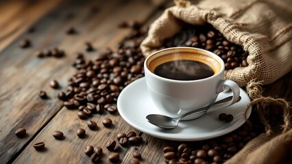 Fototapeta premium Espresso Coffee Cup With Beans On Vintage Table