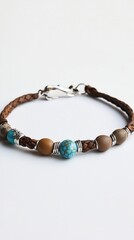 Elegant Brown Leather Bracelet with Turquoise and Stone Beads.