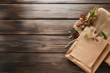 Obraz premium Mockup de sacs en papier kraft avec des motifs naturels, disposés sur un plan de travail en bois, mettant en valeur un design écologique et élégant.