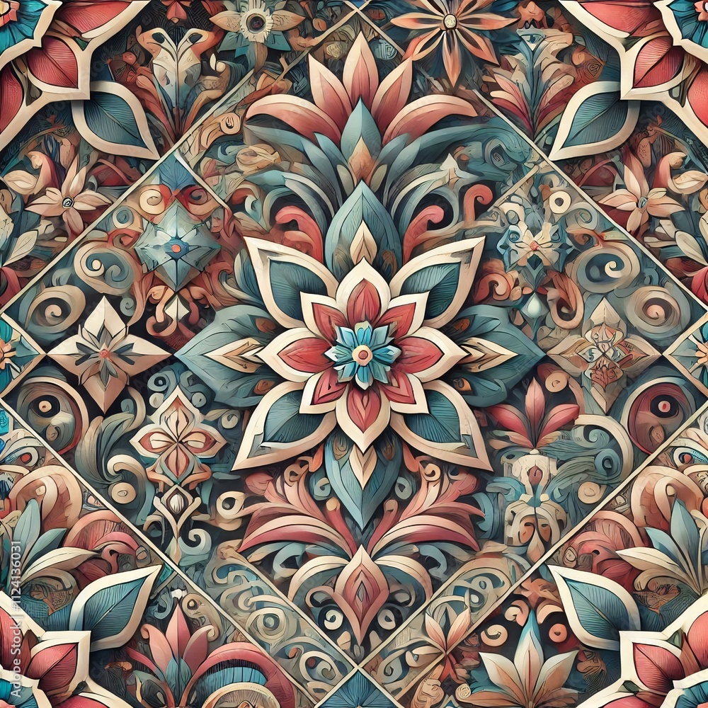 Poster a seamless, intricate pattern featuring geometric shapes and floral elements, with a harmonious blen