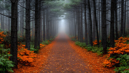 Fototapeta premium Misty path through autumnal pine forest.