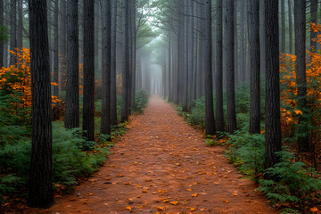 Fototapeta premium Misty path through a pine forest with autumn leaves.