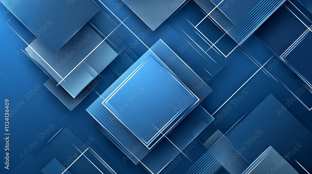 Poster modern abstract tech banner design with blue and grey glossy squares, layered transparent materials,