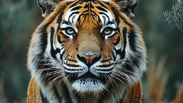 Majestic close-up of a Bengal tiger staring intensely in a lush green forest setting