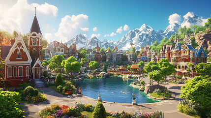 Naklejka premium view of the lake village surrounded by lush greenery and charming houses.