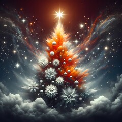 Fototapeta premium Christmas tree made of flowers, with exploding stars background, Christmas concept representing the Christmas season. Created with generative A.I.