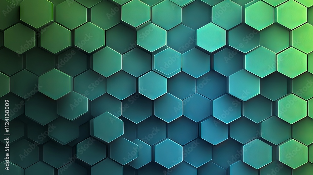 Poster abstract geometric background with smooth gradient hexagons in cool green and blue shades, modern pa