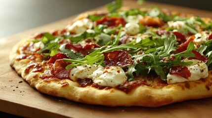 Delicious gourmet pizza with prosciutto, arugula, and creamy cheese on a rustic wooden board.
