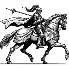 A knight holding a lance on horseback, line sketch engraving. black and white.
