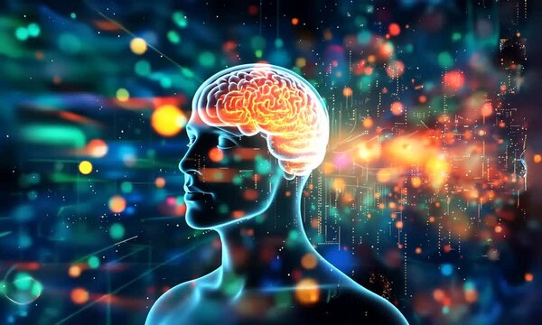 Cerveau humain lumineux en activit&eacute; dans un profil masculin stylis&eacute;, concept de neurosciences, intelligence et cognition, pour la Journ&eacute;e mondiale du cerveau c&eacute;l&eacute;br&eacute;e le 22 juillet