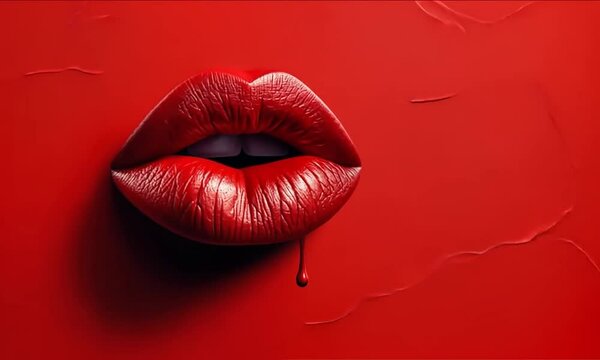 Gros plan avec zoom sur bouche f&eacute;minine rouge aux l&egrave;vres maquill&eacute;es et sang coulant sur fond rouge, portrait dramatique &agrave; forte intensit&eacute; visuelle, liquide sanguin, visage f&eacute;minin et couleur vive