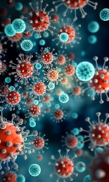 Repr&eacute;sentation 3D de virus et bact&eacute;ries en suspension dans un environnement microscopique avec effet de bokeh sur fond bleu, structures sph&eacute;riques &agrave; prot&eacute;ines visibles, usage scientifique ou m&eacute;dical