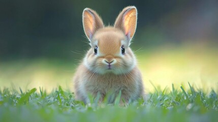 Fototapeta premium A lovely baby bunny sits nestled in vibrant green grass, soaking up the warmth of the sun, exuding an aura of innocence and charm