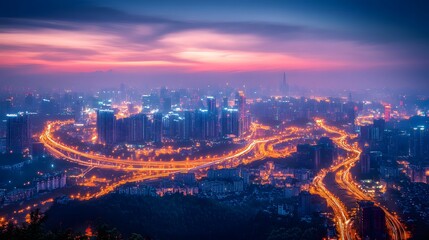 Fototapeta premium Stunning cityscape at twilight with vibrant lights and intricate roadways.