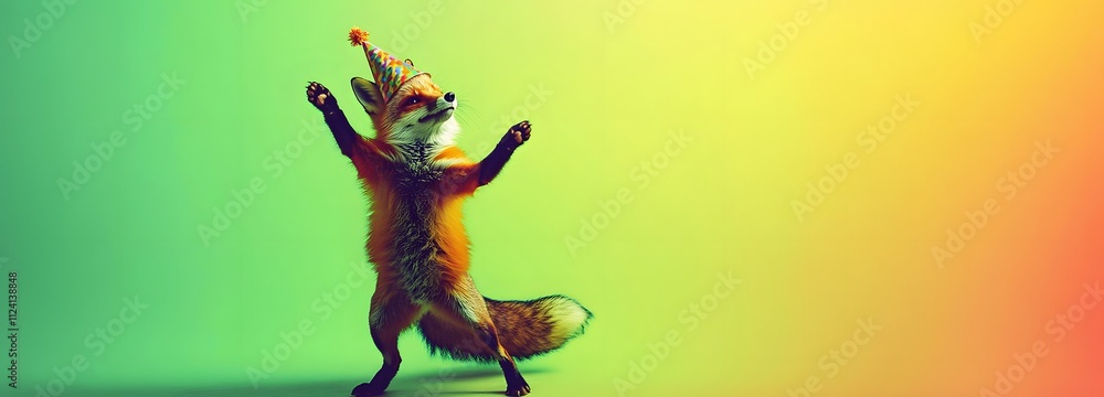 Poster a fluffy fox in a party hat, dancing in front of a bright green and yellow gradient backdrop with pl