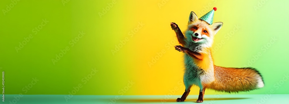 Poster a fluffy fox in a party hat, dancing in front of a bright green and yellow gradient backdrop with pl