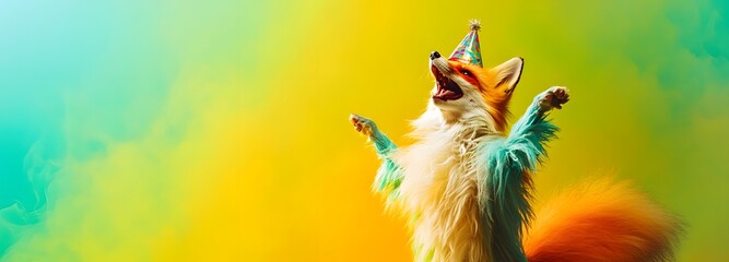 A fluffy fox in a party hat, dancing in front of a bright green and yellow gradient backdrop with plenty of space for text