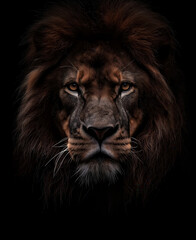 Naklejka premium Close-up of lion head on dark background.