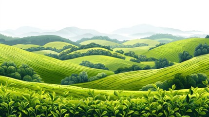 A beautiful green tea field with a natural, serene landscape and a few tea plants, isolated on a white background