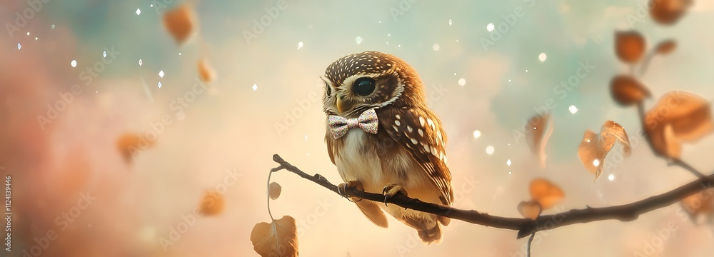 Poster a tiny owl in a glittering bowtie, perched on a branch with sparkles floating around, against a soft